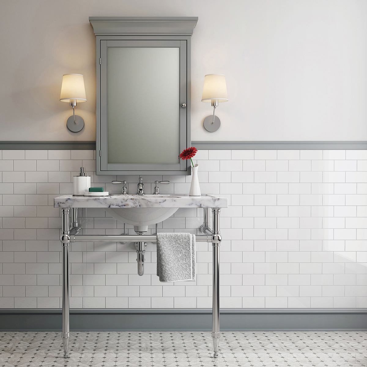 A Tapered Foot Style Leg System In Classic Subway Tile Bathroom A Tapered Foot Style Leg System In Classic Subway Tile Bathroom